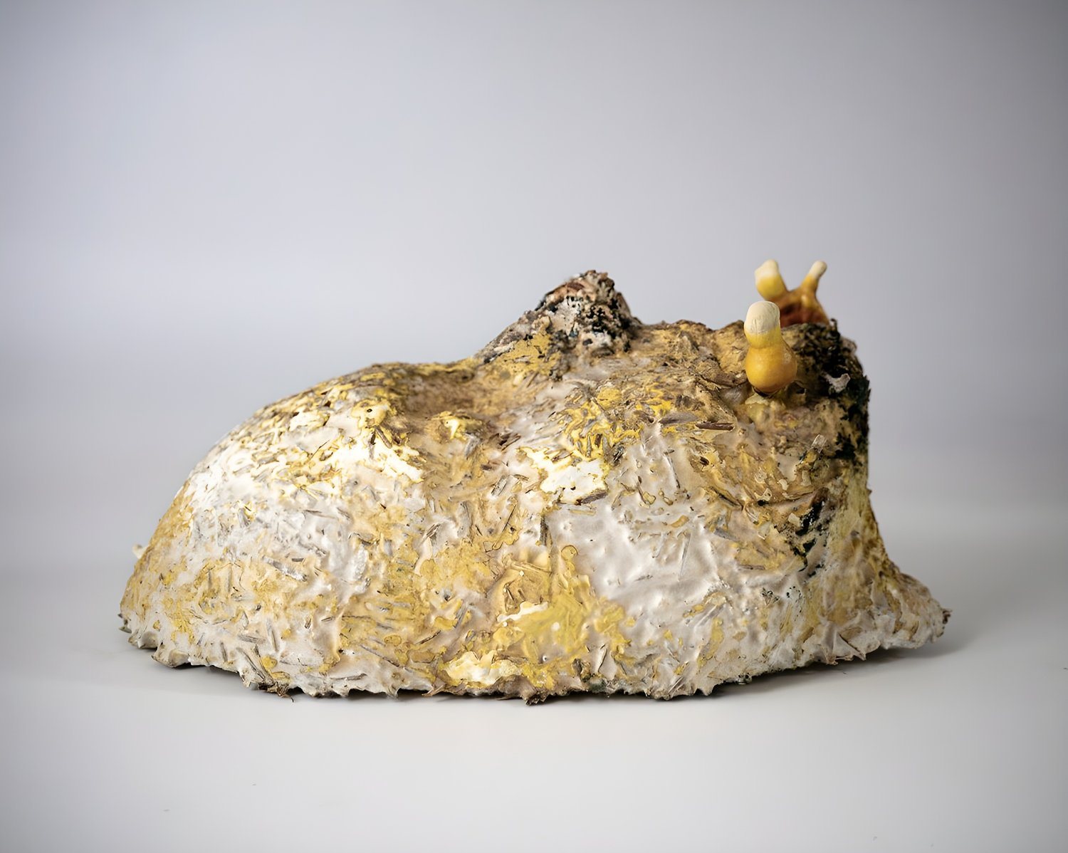 Mycelium sculpture in white and yellow with small mushrooms sprouting